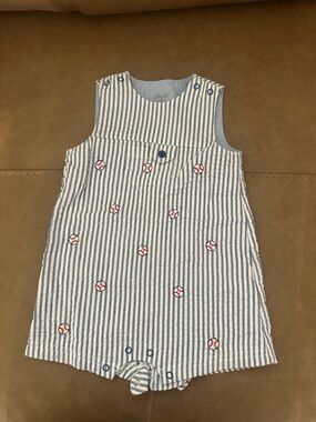 Little Me Blue and White Striped Baseball Embroidered Romper